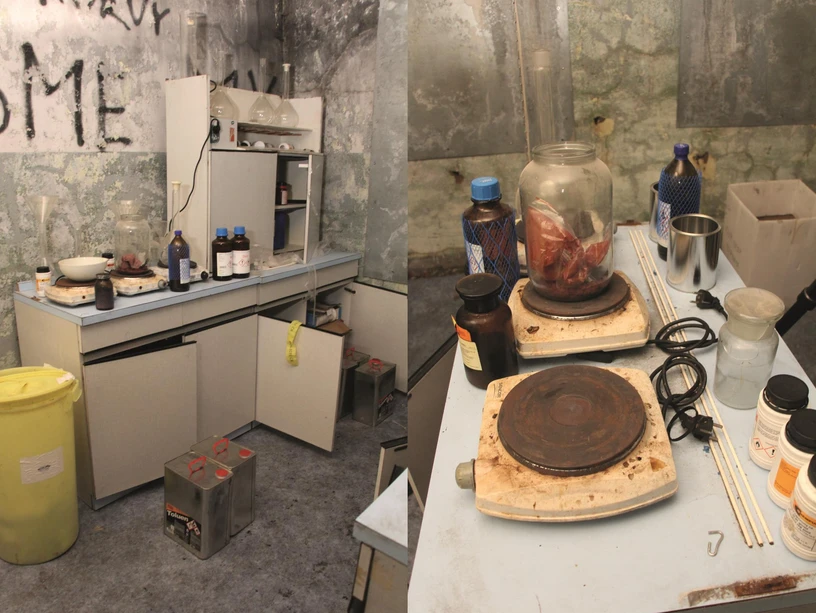 Hasičský záchranný sbor České republiky: Obr. 1 a 2 Simulovaná varna pervitinu s hořlavými materiály a chemikáliemi