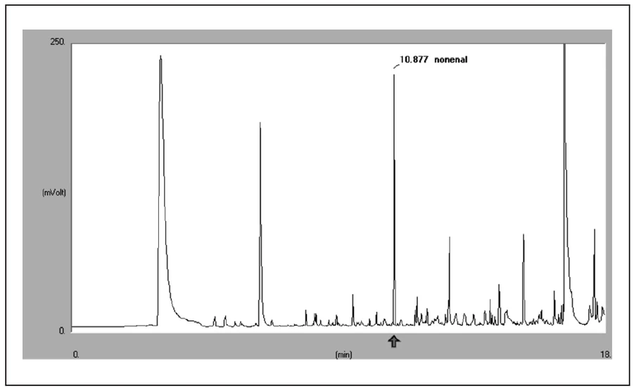 Obr. 7 Ukázka chromatogramu stanovení trans-2-nonenalu v pivu metodou automatické HS-SPME-GC-FID s vláknem PDMS/DVB