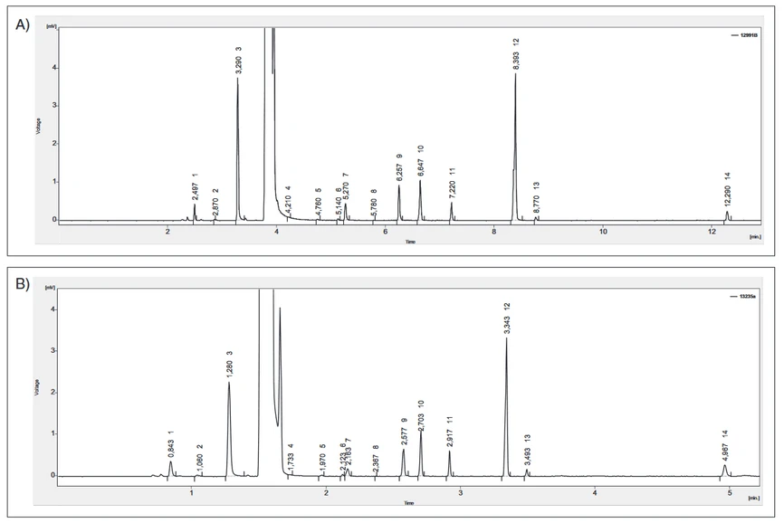 Obr. 2 Stanovení těkavých látek v pivu A) na koloně J&W Scietific DB WAX, 60m, 0,32 mm vnitřního průměru a 0,25 μm tloušťce filmu a B) na koloně J&W Scietific DB WAX, 20 m, 0,18 mm vnitřního průměru a 0,18 μm tloušťce filmu. 1 – acetaldehyd, 2 – mravenčan ethylnatý, 3– octan ethylnatý, 4 – octan propylnatý, 5 – octan isobutylnatý, 6 – máselnan ethylnatý, 7 – propanol, 8 – octan butylnatý, 9 –isobutanol, 10– octan isoamylnatý, 11 – n-butanol (vnitřní standard), 12 – 2 a 3-methylbutanol, 13 – kapronan ethylnatý, 14 – kaprylan ethylnatý