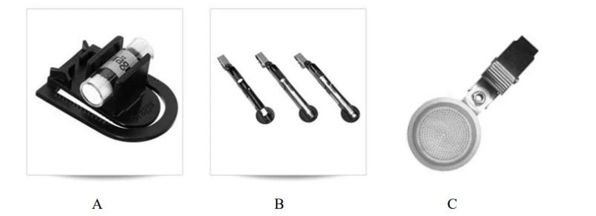 2 THETA: Obr. A – Dozimetr Orsa 5; B – Difusní trubice; C – Dozimetr SKC