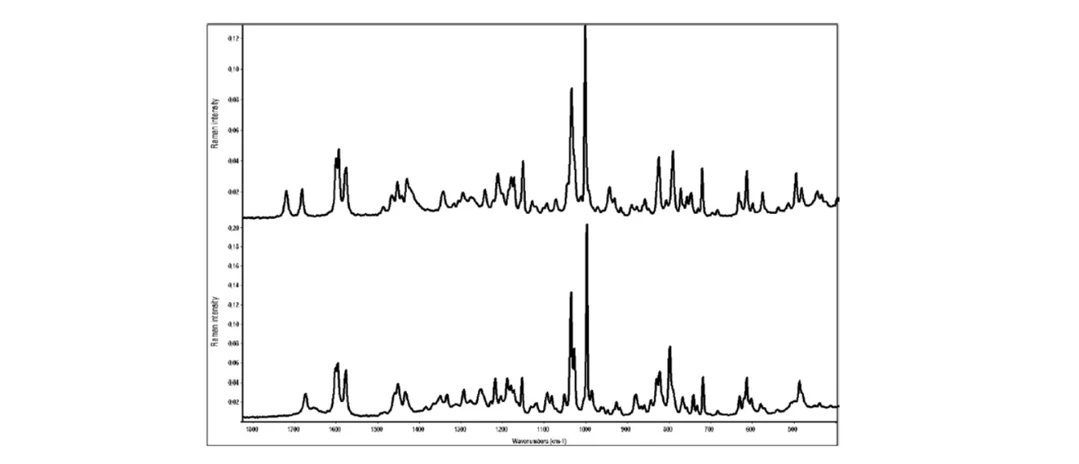 2 Theta: Obr. Porovnání Ramanových spekter dvou solí (jantarát a vinan) molekuly účinné látky léčiva
