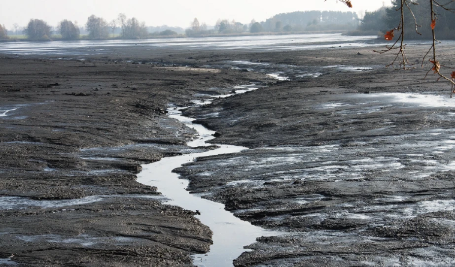 VTEI: Obr. 1. Vypuštěný rybník s hlavní stokou a typickým rozložením sedimentu