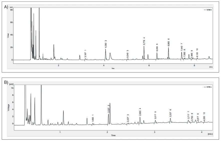 Obr. 2 Stanovení vyšších mastných kyselin jako methylesterů v pivu A) na koloně J&W Scietific DB WAX, 30 m, 0,32 mm vnitřního průměrua 0,25 μm tloušťce filmu a B) na koloně J&W Scietific DB WAX, 10 m, 0,18 mm vnitřního průměru a 0,18 μm tloušťce filmu. 1 – laurová kyselina, 2 – tridekanová kyselina (vnitřní standard), 3 – myristová kyselina, 4 –pentadekanová kyselina (interní standard), 5 – palmitová kyselina, 6 – heptadekanová kyselina (vnitřní standard), 7 – stearová kyselina, 8 – olejová kyselina, 9 – linolová kyselina, 10 –linoleová kyselina
