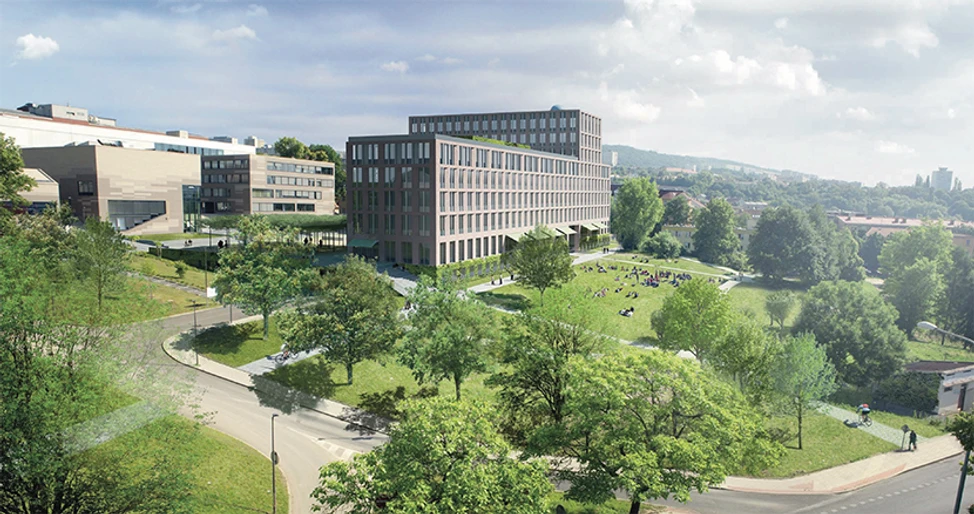 UJEP: Vizualizace budovy CPTO při pohledu z Klíšské ulice. Na střeše vyššího křídla budovy je patrná kopule fakultní hvězdárny.