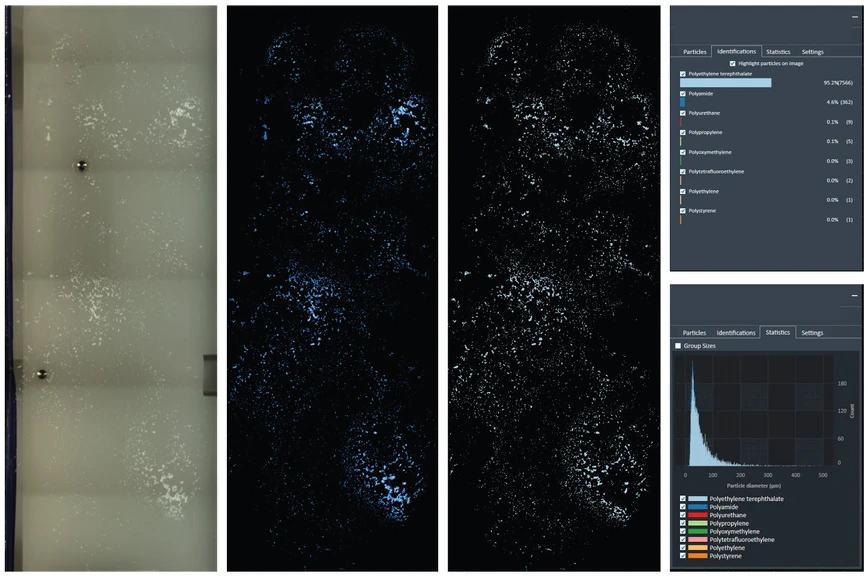 HPST: Obr. 5: Identifikace a klasifikace výsledků měření mikroplastů na mikroskopickém sklíčku. (A) viditelný obraz. (B) IČ obraz zaznamenaný při vlnové délce 1 442 cm–1. (C) barevné zvýraznění jednotlivých typů mikroplastů. (D) Statistická data popisující složení vzorku z pohledu velikosti částic na filtru 1. (E) Automaticky generovaná statistická data identifikace mikroplastů na filtru 1. (F) Statistická data popisující složení vzorku z pohledu velikosti částic na filtru 2. (G) Automaticky generovaná statistická data identifikace mikroplastů na filtru 2.