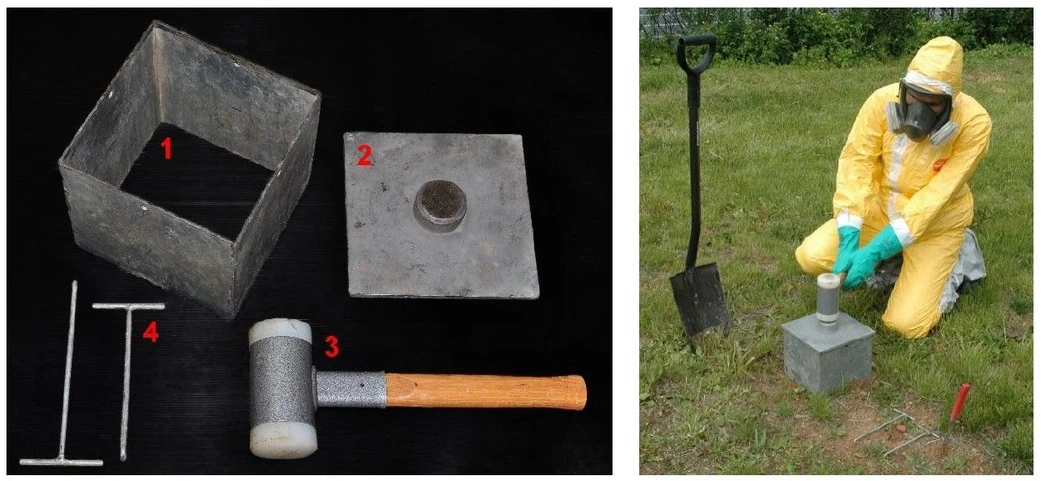 HZS ČR / Institut ochrany obyvatelstva / Michal SETNIČKA, Alena ČTVRTEČKOVÁ, René MAREK: Obrázek 2 – Čtvercový půdní vzorkovač složený z masivní ocelové krychle (1), masivního ocelového víka (2), silikonové palice (3) a háků na vytažení (4). Druhý obrázek ukazuje použití tohoto vzorkovače.