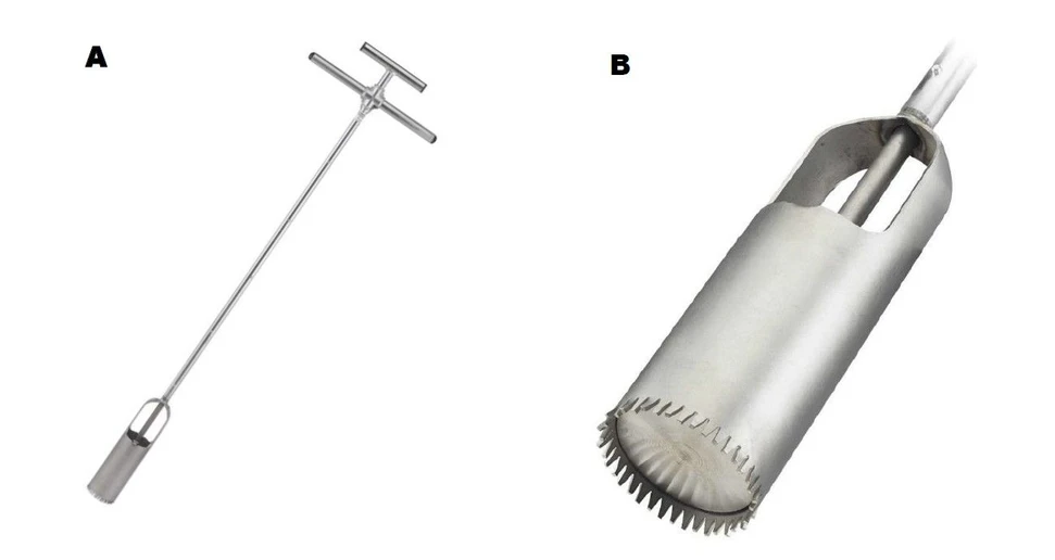 HZS ČR / Institut ochrany obyvatelstva / Michal SETNIČKA, Alena ČTVRTEČKOVÁ, René MAREK: Obrázek 3 – Kořenový vrták (A) a detail vrtací části s výtlačným pístem (B) (foto: [16])