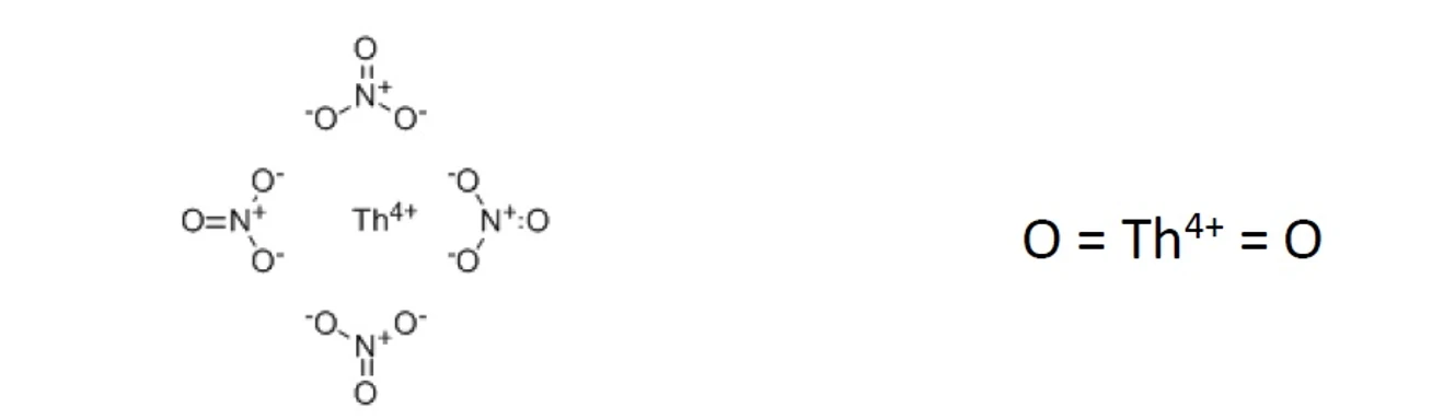 HZS: Obrázek 6 a 7: Molekulová struktura dusičnanu thoričitého (41) a oxidu thoričitého