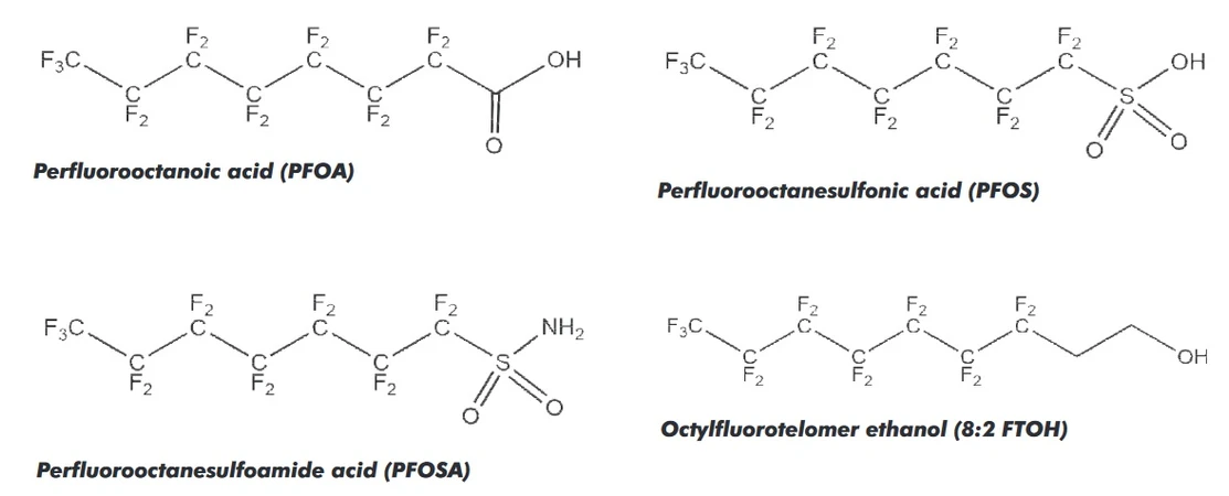 LECO: Obrázek 2. Příklady některých běžných typů PFAS (dostupné jako analytické standardy)