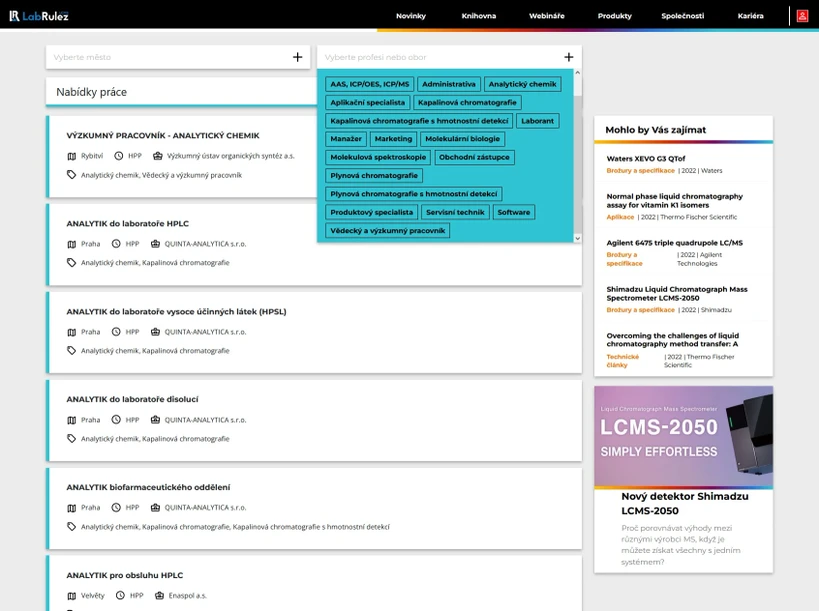 LabRulez: Sekce Kariéra s nabídkou pracovních pozic v oblasti analytické chemie nebo laboratoří