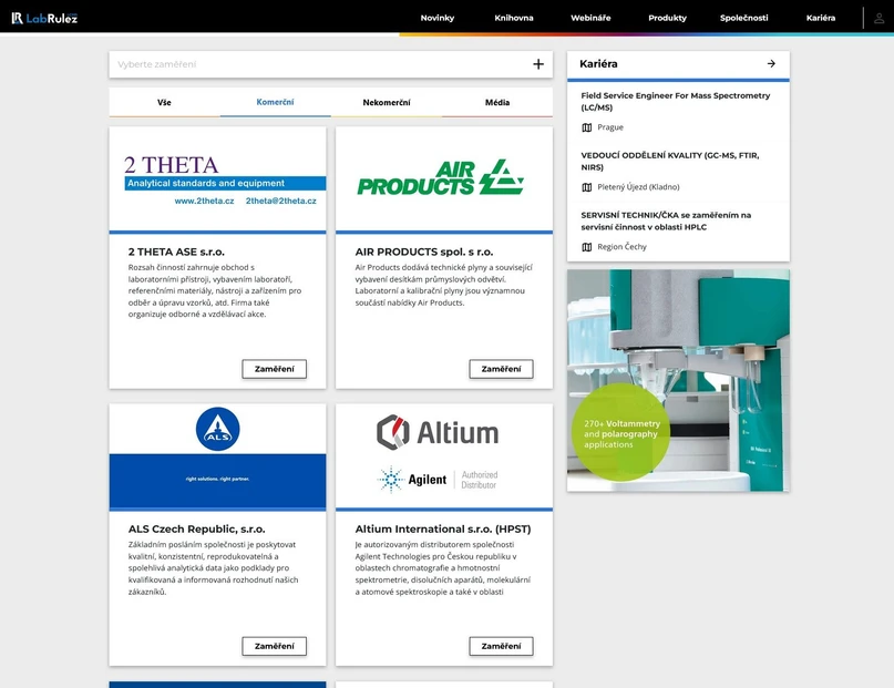 LabRulez: Sekce Společnosti s profily a informacemi o nabídce a novinkách
