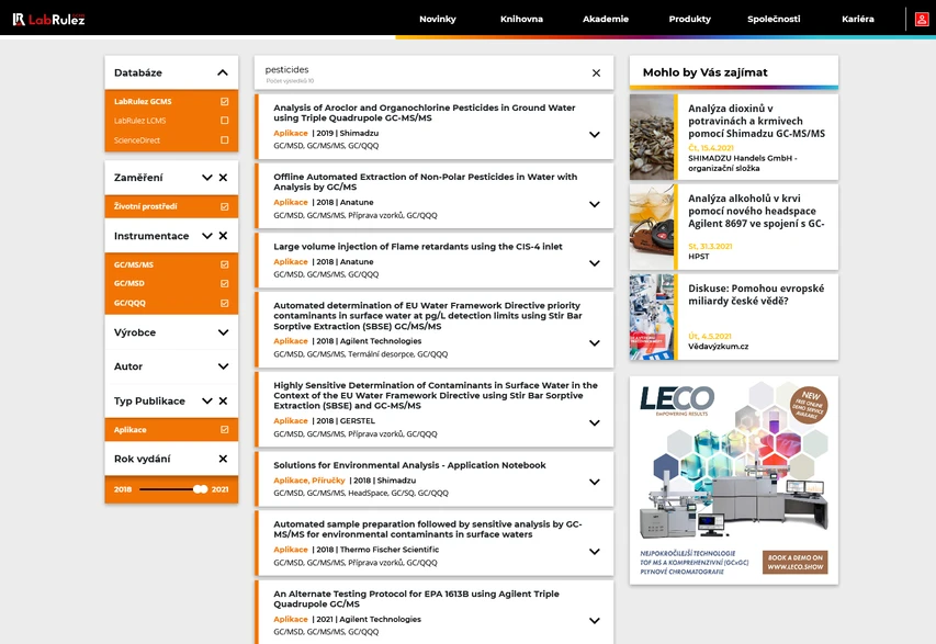 LabRulez: Výsledky vyhledávání v Knihovně LabRulezGCMS pro Pesticidy a aplikování filtrů životní prostředí, GC/MS, GC/MS/MS, GC/QQQ, Aplikace a roky 2018-2021