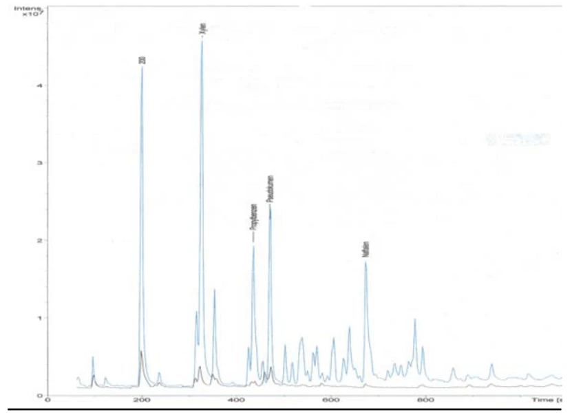 Obr. 6 Chromatogramy analýz plynů nad reálným vzorkem z požářiště - Brloh  (modrá ⎯  stripování pevné fáze 5 minut na trubičku Tenax,  černá ⎯  technika SPME CARPDMS, doba extrakce 30 minut)