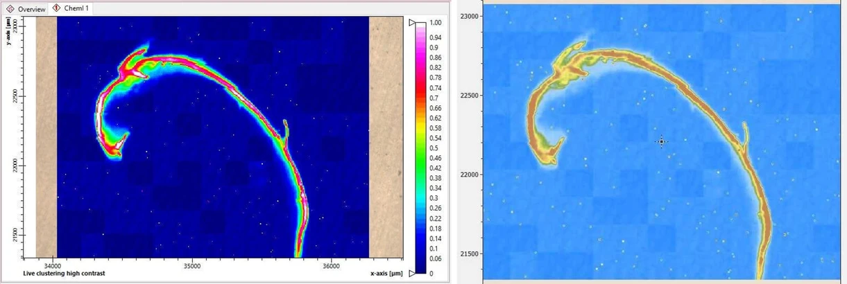 Obr. 9: Optik Instruments - Identifikované vlákno polyethylentereftalátu (PET) – OPUS (vlevo) a Purency (vpravo)