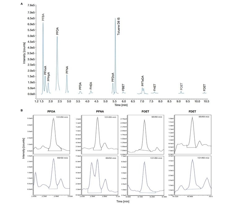 Pragolab: XIC okolní ovzduší odebrané v oblasti s lehkým průmyslem (A) a SRM přechody pro některé detekované sloučeniny (B).
