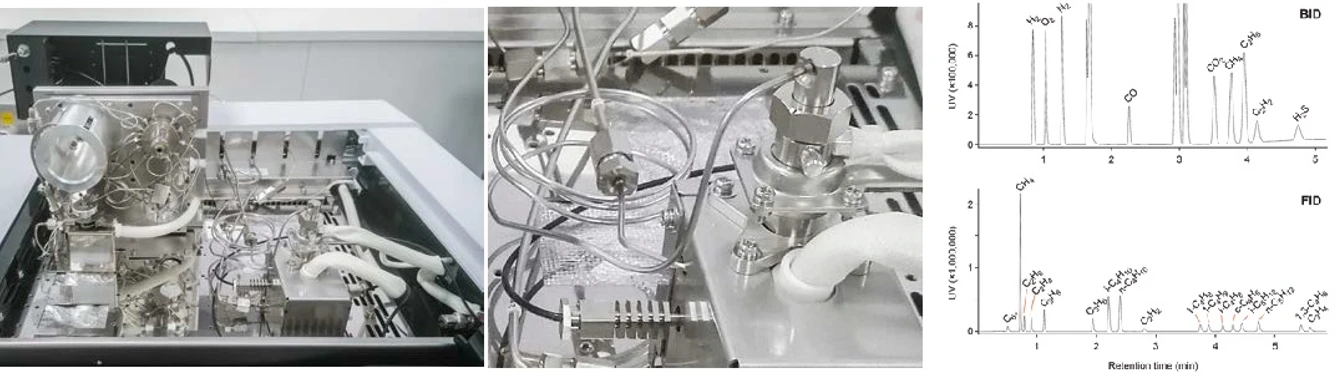 Shimadzu: Detailní záběr na GC ventily a průtokové cesty na horní straně GC včetně ukázky analýzy. V případě potřeby lze přidat MS detektor.