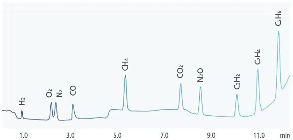 Shimadzu Nexis GC-2060 Plynový chromatograf: Data z detektoru BID (helium jako nosný plyn, 10 ppm pro každou složku).
