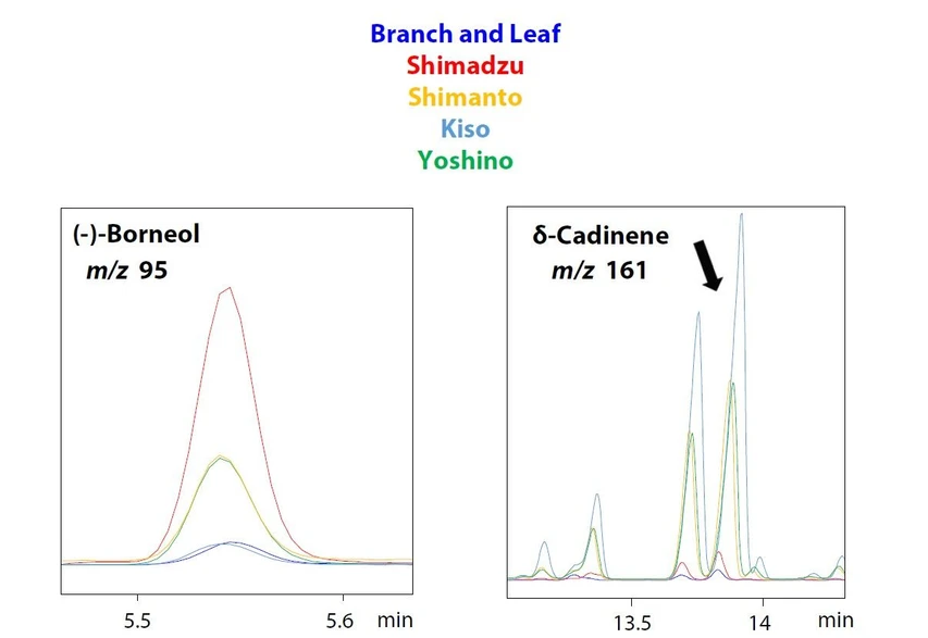 Shimadzu: Obr. 4 Chromatogramy (-)-borneolu a δ-kadinenu