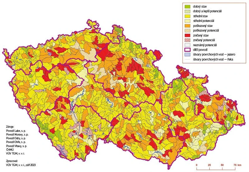 VTEI: Obr. 4. Ekologický stav/potenciál útvarů povrchových vod 2019–2021