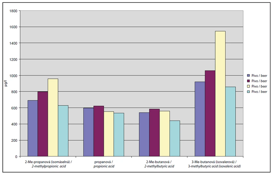Obr. 3 Porovnání obsahu C4 a C5 izomerů mastných kyselin ve vzorcích piv vyrobených ze starého a čerstvého chmele