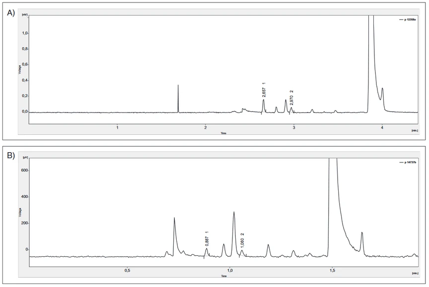 Obr. 1 Stanovení dimethylsulfidu v pivu A) na koloně J&W Scietific DB WAX, 60 m, 0,32 mm vnitřního průměru a 0,25 μm tloušťce filmu a B) na koloně J&W Scietific DB WAX, 20 m, 0,18 mm vnitřního průměru a 0,18 μm tloušťce filmu. 1 – dimethylsulfid, 2 – ethylmethylsulfid (vnitřnístandard)
